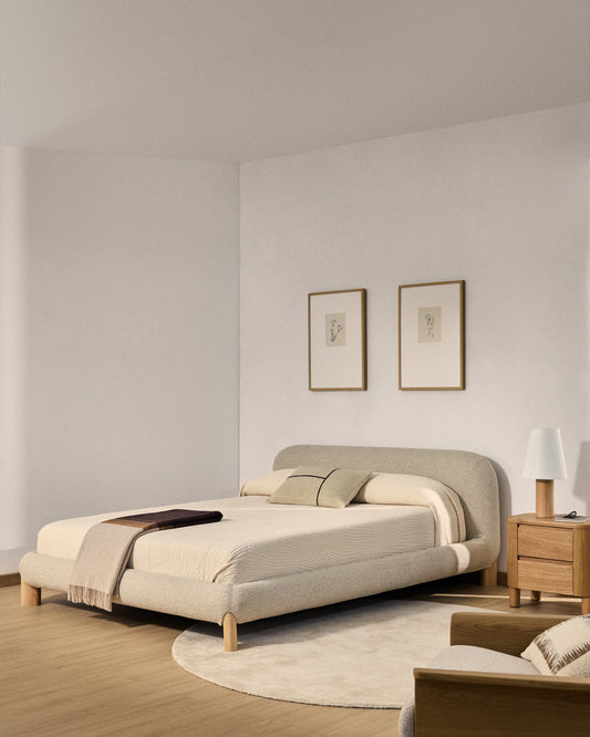 Odina ecru bouclé bed with removable cover and solid ash wood legs with natural finish for 180 x 200cm mattress