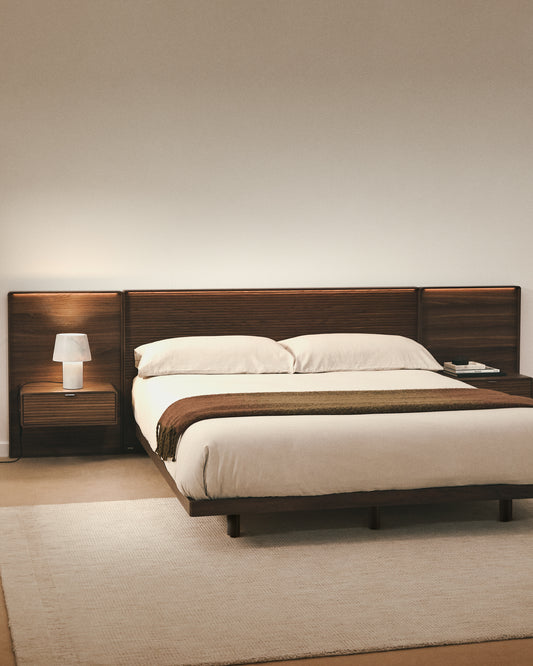 Norlen bed with 2 bedside tables in walnut veneer with dark finish and LED light for 180 x 200 cm mattress FSC Mix Credit