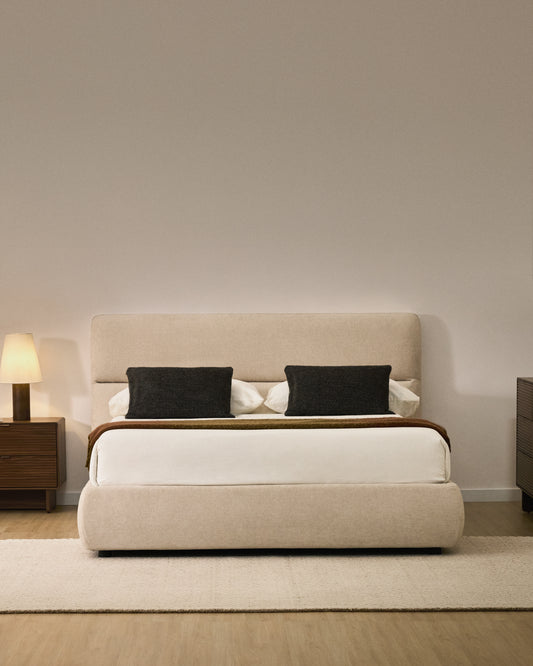 Dafra beige chenille removable-cover bed with lift-up storage base for 160 x 200 cm mattress