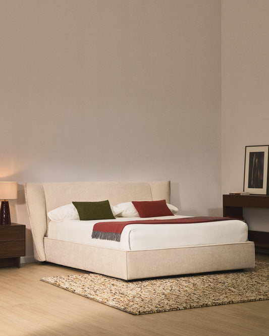Arvian beige chenille removable-cover bed with lift-up storage base for a 180 x 200 cm mattress