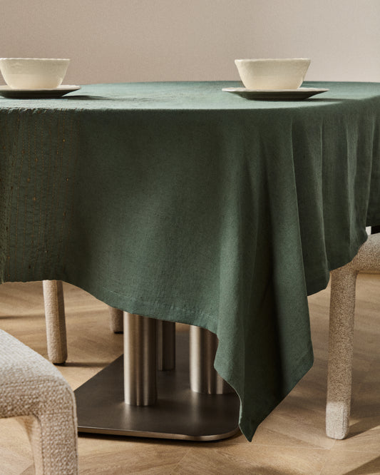 Flia green linen and cotton tablecloth with green lurex embroidery detail 150 x 250cm