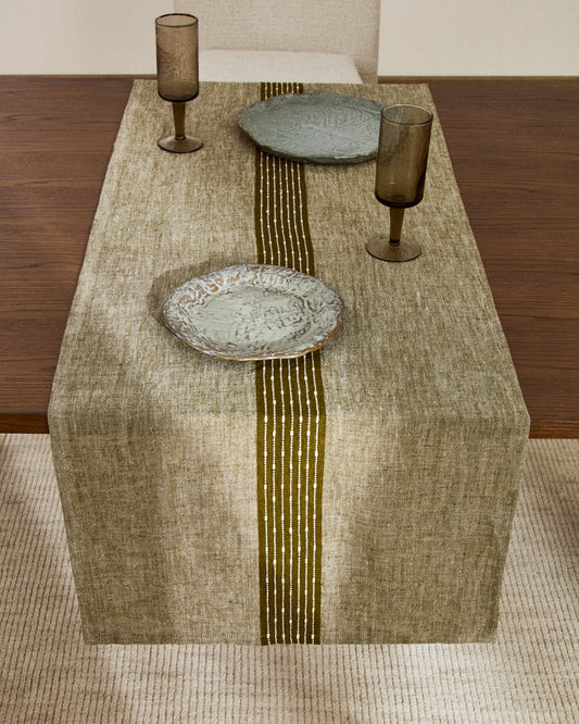 Calena linen jacquard table runner with green central stripe 50 x 150 cm