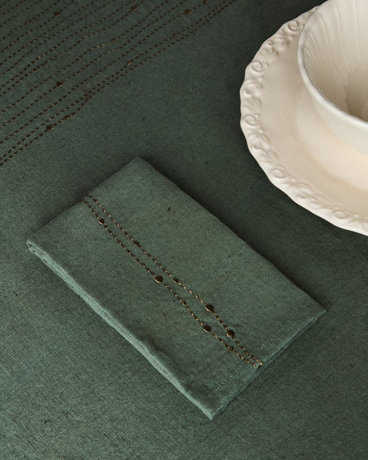 Flia set of 2 green linen and cotton napkins with gold lurex embroidery detail 30 x 30cm