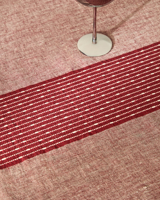 Calena linen jacquard tablecloth with red central stripe 150 x 250 cm