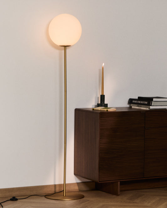 Brisia metal floor lamp with brushed brass finish and 1 frosted glass ball Ø30cm