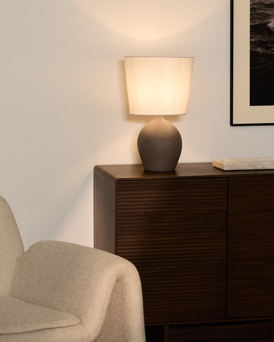 Viona large table lamp with textured stone effect and cotton lampshade