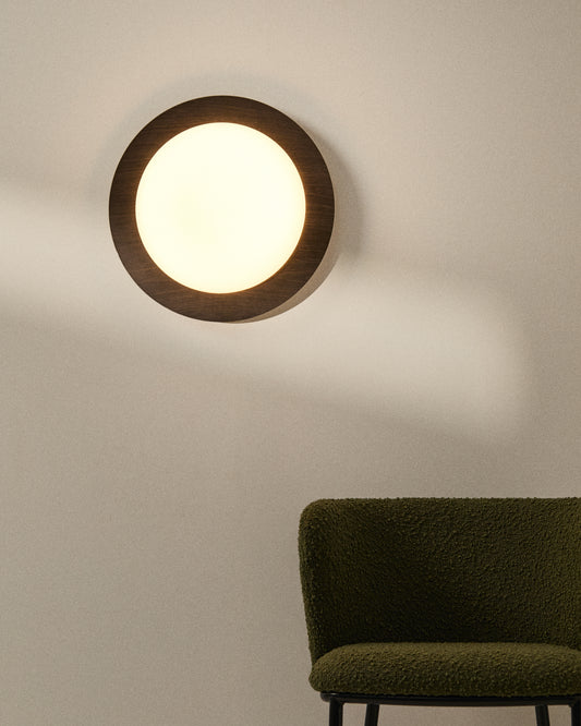 Novae ceiling lamp in dark wood-effect brushed steel and frosted glass Ø 40 cm