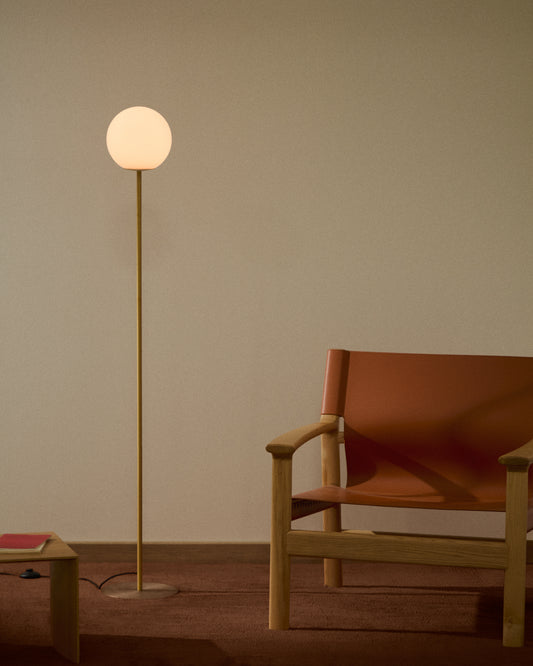 Brisia metal floor lamp with brushed brass finish and 1 frosted glass ball Ø25cm