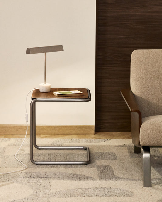 Tarsel side table in FSC 100% walnut veneer with brushed stainless steel structure 42 x 47cm
