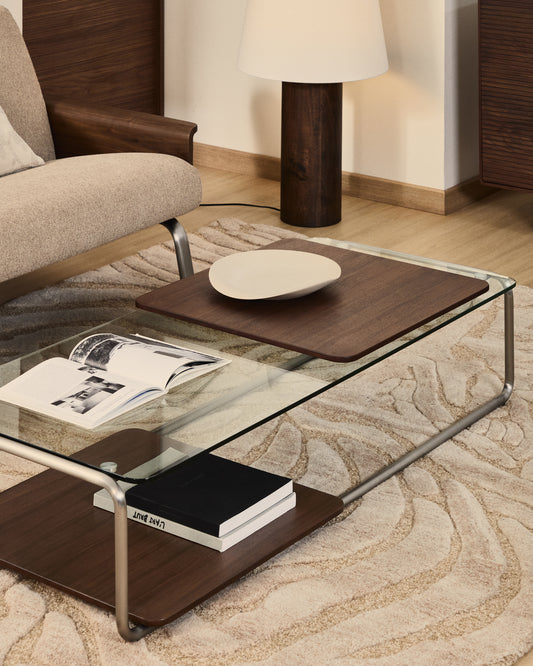 Tarsel coffee table in tempered glass with walnut veneer tray with brushed stainless steel structure 140 x 60cm