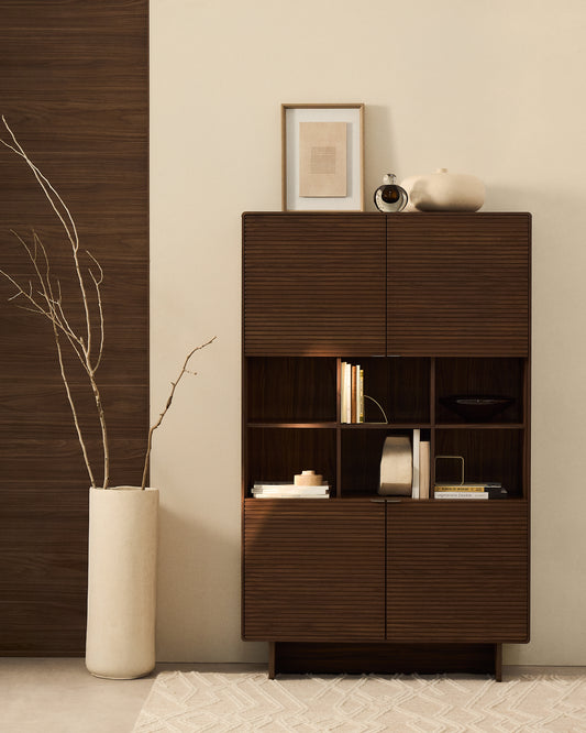 Norlen 4-door tall sideboard in walnut veneer FSC Mix Credit 100 x 163cm