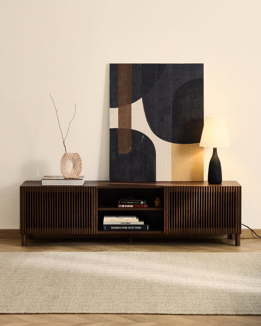 Beyla TV stand in ash veneer and solid ash wood with walnut finish 180 x 49.5cm FSC 100%