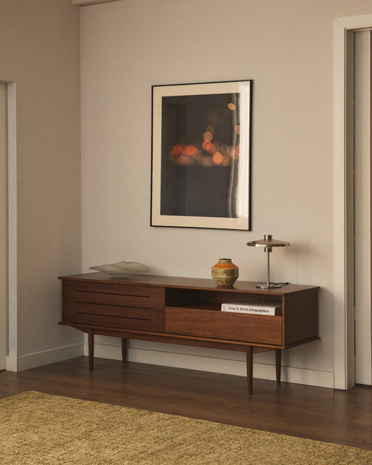 Carolin walnut wood veneer single door & drawer TV stand, 180 x 63.5 cm