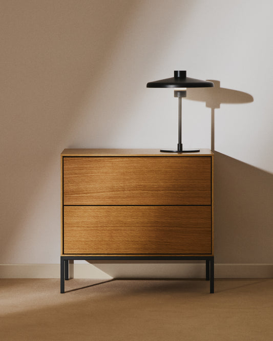 Vedrana bedside table, 2 oak veneer drawers, and black steel legs, 60 x 55 cm
