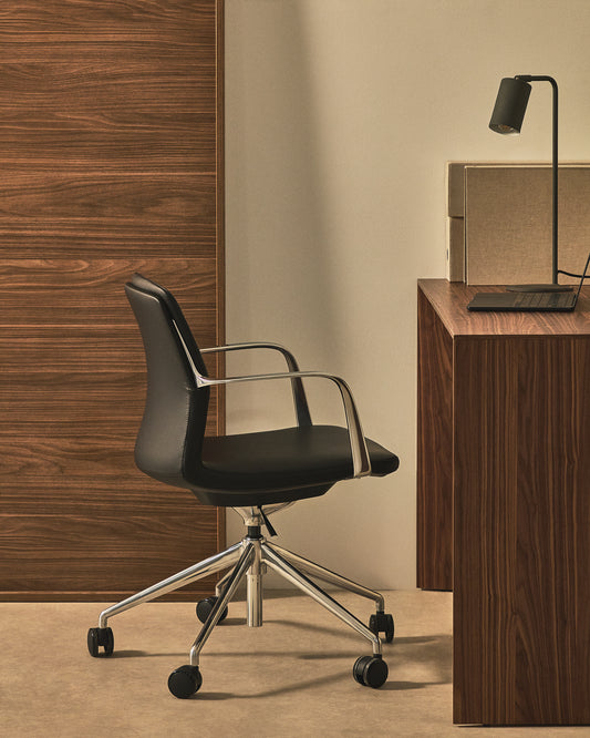Nerlan desk chair in black faux leather with aluminium frame