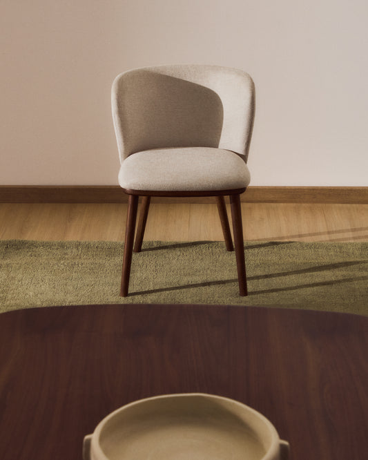 Ciselia beige chenille chair with solid ash wood legs with walnut-coloured finish FSC Mix Credit