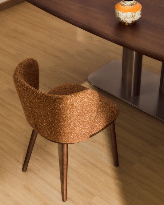 Ciselia terracotta thick chenille chair with solid ash wood legs with walnut-coloured finish FSC Mix Credit