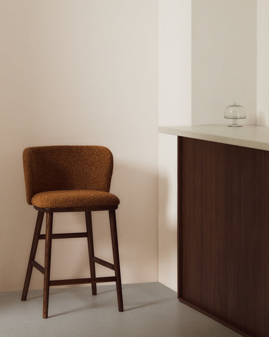 Ciselia terracotta thick chenille stool with solid ash wood legs with walnut-coloured finish FSC Mix Credit 65cm