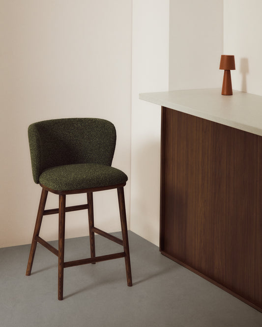 Ciselia dark green thick chenille stool with solid ash wood legs with walnut-coloured finish FSC Mix Credit 75cm