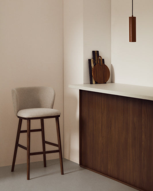 Ciselia beige chenille stool with solid ash wood legs with walnut-coloured finish FSC Mix Credit 75cm