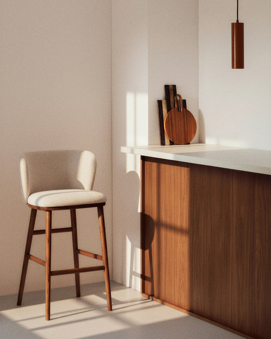 Ciselia beige chenille stool with solid ash wood legs with walnut-coloured finish FSC Mix Credit 75cm