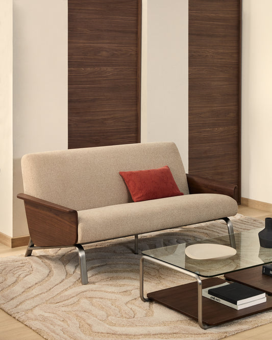 Amsen light brown 2-seater sofa in walnut plywood with brushed stainless steel legs 150cm FSC 100%