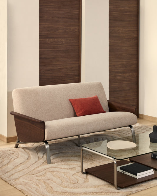 Amsen light brown 2-seater sofa in walnut plywood with brushed stainless steel legs 150cm