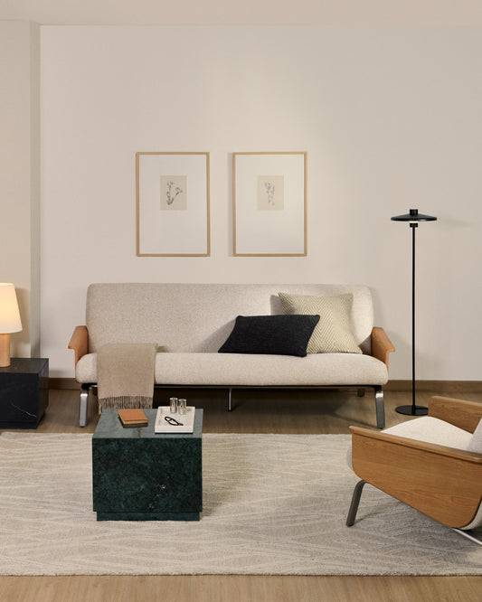 Amsen beige chenille 3-seater sofa in oak plywood with brushed stainless steel legs 190cm