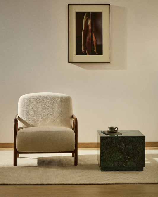 Sylo armchair in beige chenille and solid ash wood with walnut-coloured finish FSC 100%
