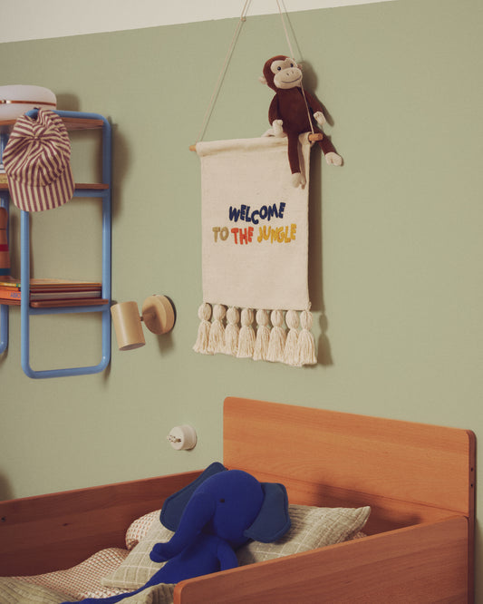 Tandani beige cotton wall tapestry with multicoloured letters and fringing 40 x 50cm
