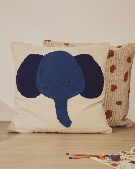 Tandani beige cotton floor cushion with blue elephant 70 x 70cm