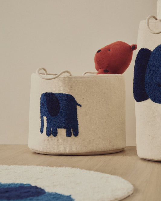 Tandani beige cotton basket with blue elephant 30cm
