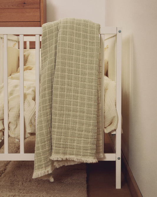 Tivaro 100% cotton jacquard blanket in light green check, double-sided 130 x 170 cm