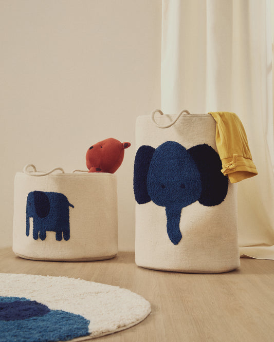 Tandani beige cotton basket with blue elephant 50cm