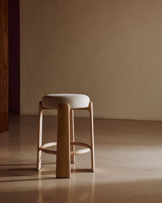 Granite fire-retardant stool in beige chenille and solid ash wood with natural-coloured finish FSC 100% 65cm