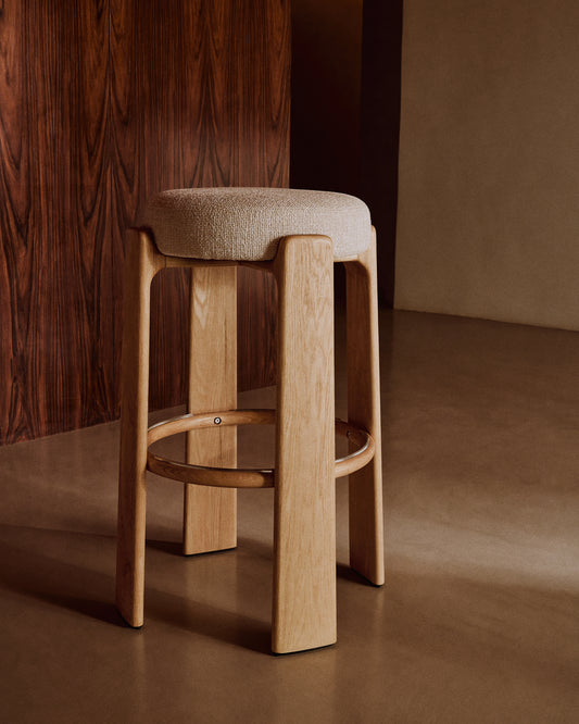 Granite fire-retardant stool in beige chenille and solid ash wood with natural-coloured finish FSC 100% 75cm