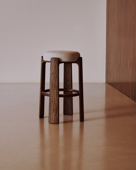 Granite fire-retardant stool in beige chenille and solid ash wood with walnut-coloured finish FSC 100% 75cm
