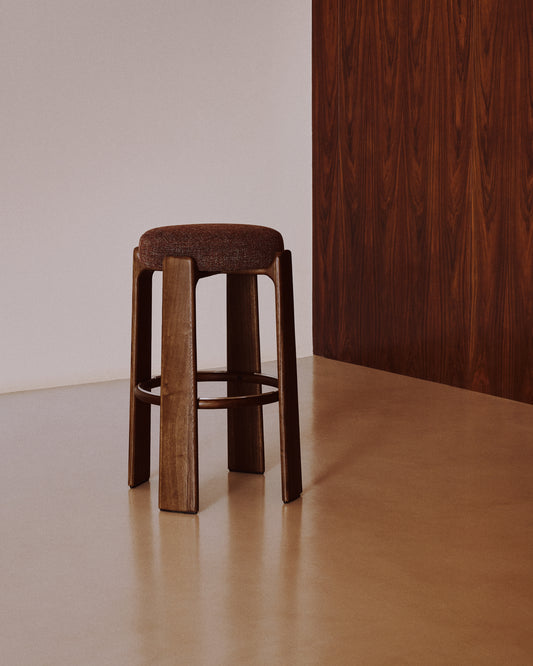 Granite fire-retardant stool in brown chenille and solid ash wood with walnut-coloured finish FSC 100% 75cm