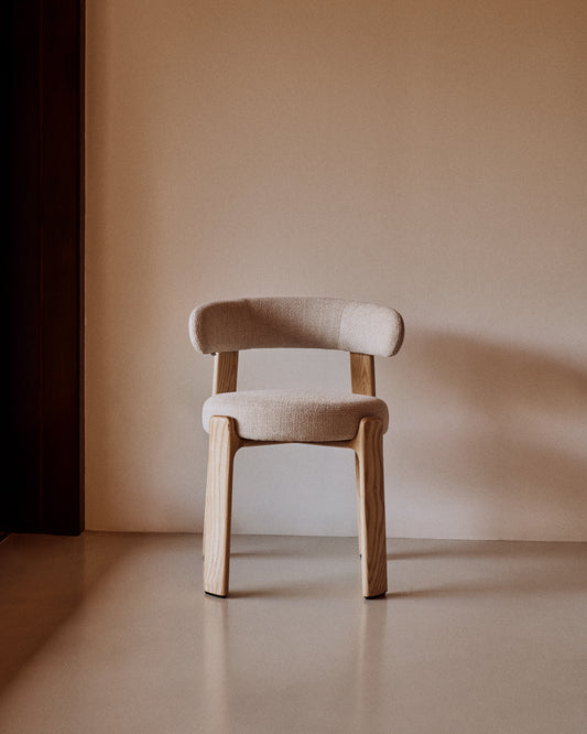 Granite fire-retardant chair in beige chenille and solid ash wood with natural-coloured finish FSC 100%