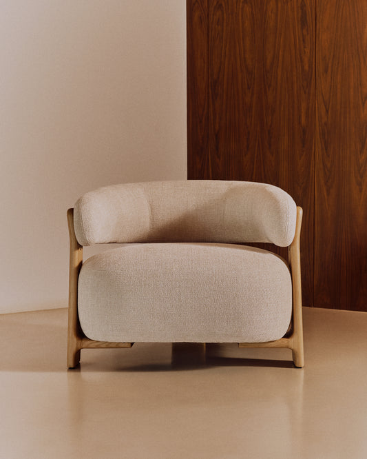 Granite fire-retardant armchair in beige chenille and solid ash wood with natural-coloured finish FSC 100%