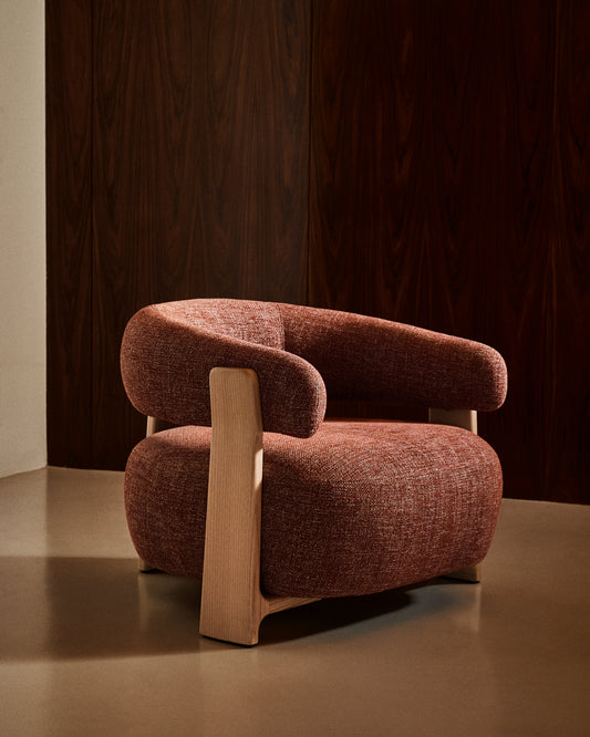 Granite fire-retardant armchair in terracotta chenille and solid ash wood with natural-coloured finish FSC 100%
