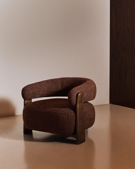Granite fire-retardant armchair in brown chenille and solid ash wood with walnut-coloured finish FSC 100%