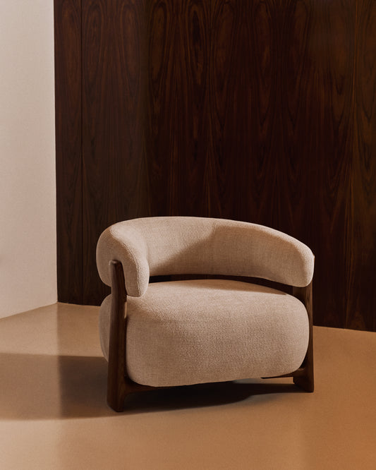 Granite beige chenille armchair with solid ash wood legs in a walnut finish FSC 100%