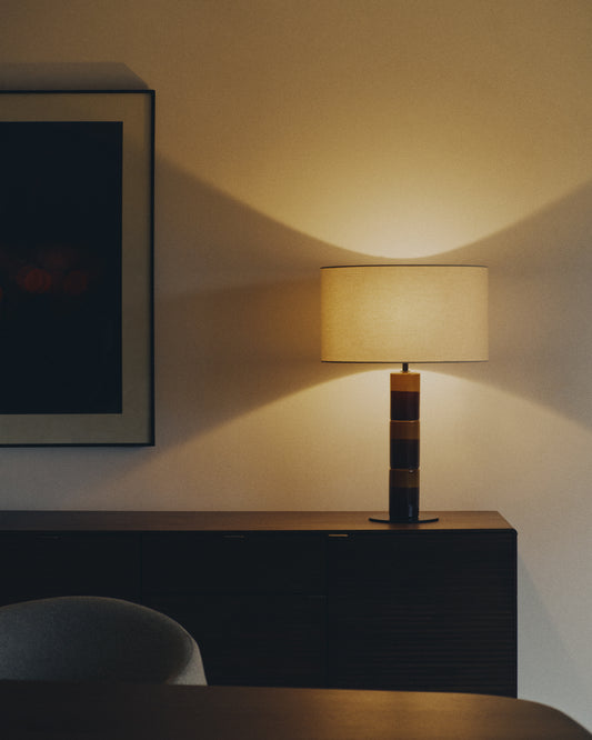 Mavran table lamp with brown and mustard ceramic base and cotton lampshade
