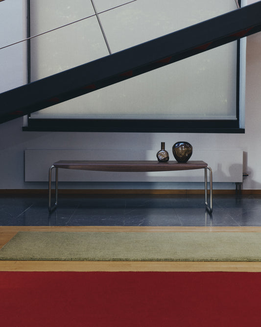 Tarsel bench in FSC 100% walnut veneer with brushed stainless steel structure 142cm