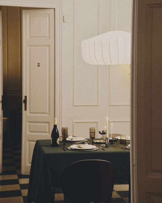 Flia green linen and cotton tablecloth with green lurex embroidery detail 150 x 250cm