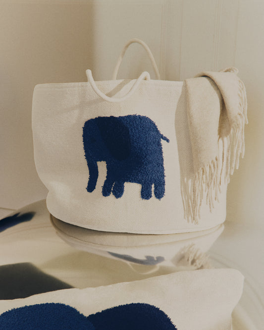 Tandani beige cotton basket with blue elephant 30cm