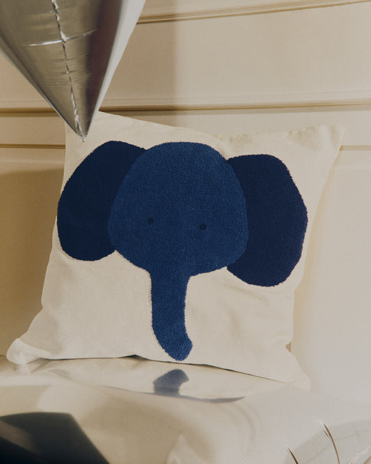 Tandani beige cotton floor cushion with blue elephant 70 x 70cm