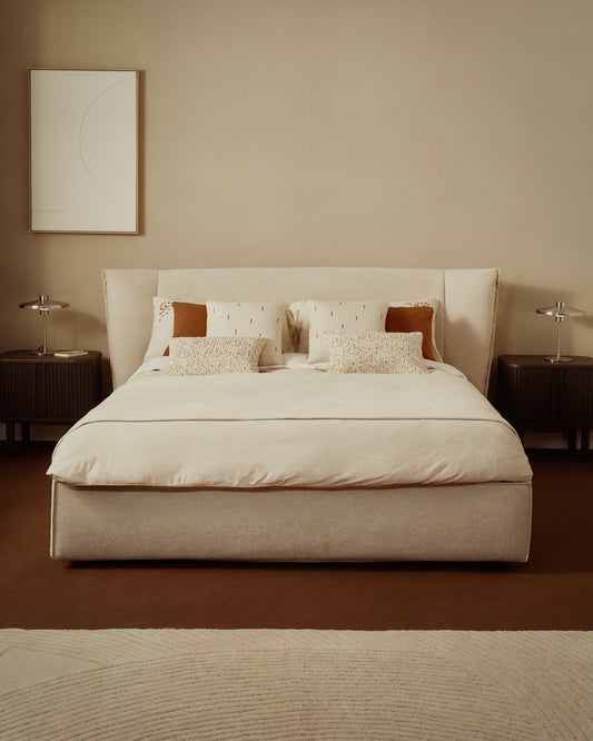 Arvian beige chenille removable-cover bed with lift-up storage base for a 160 x 200 cm mattress