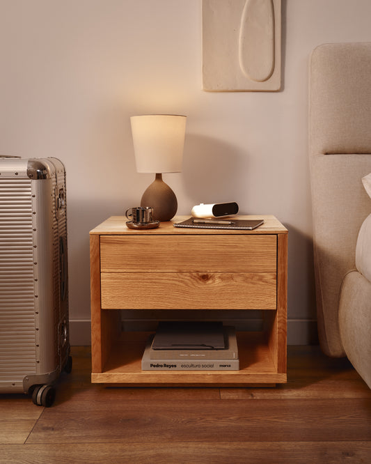 Alguema bedside table in oak wood veneer with natural finish, 60 x 50 cm